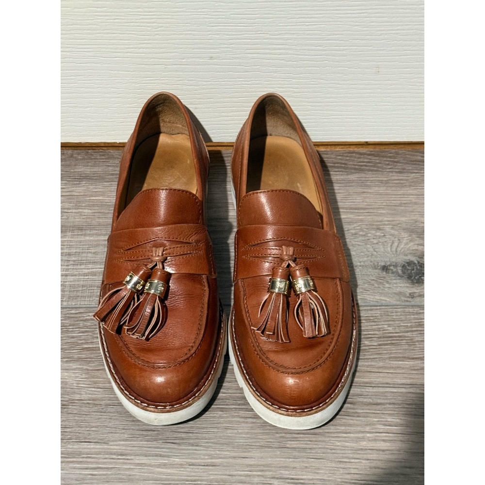 Stuart Weitzman Mens Cognac Brown Leather Tassel Lug Sole Loafers Made‎ in Spain